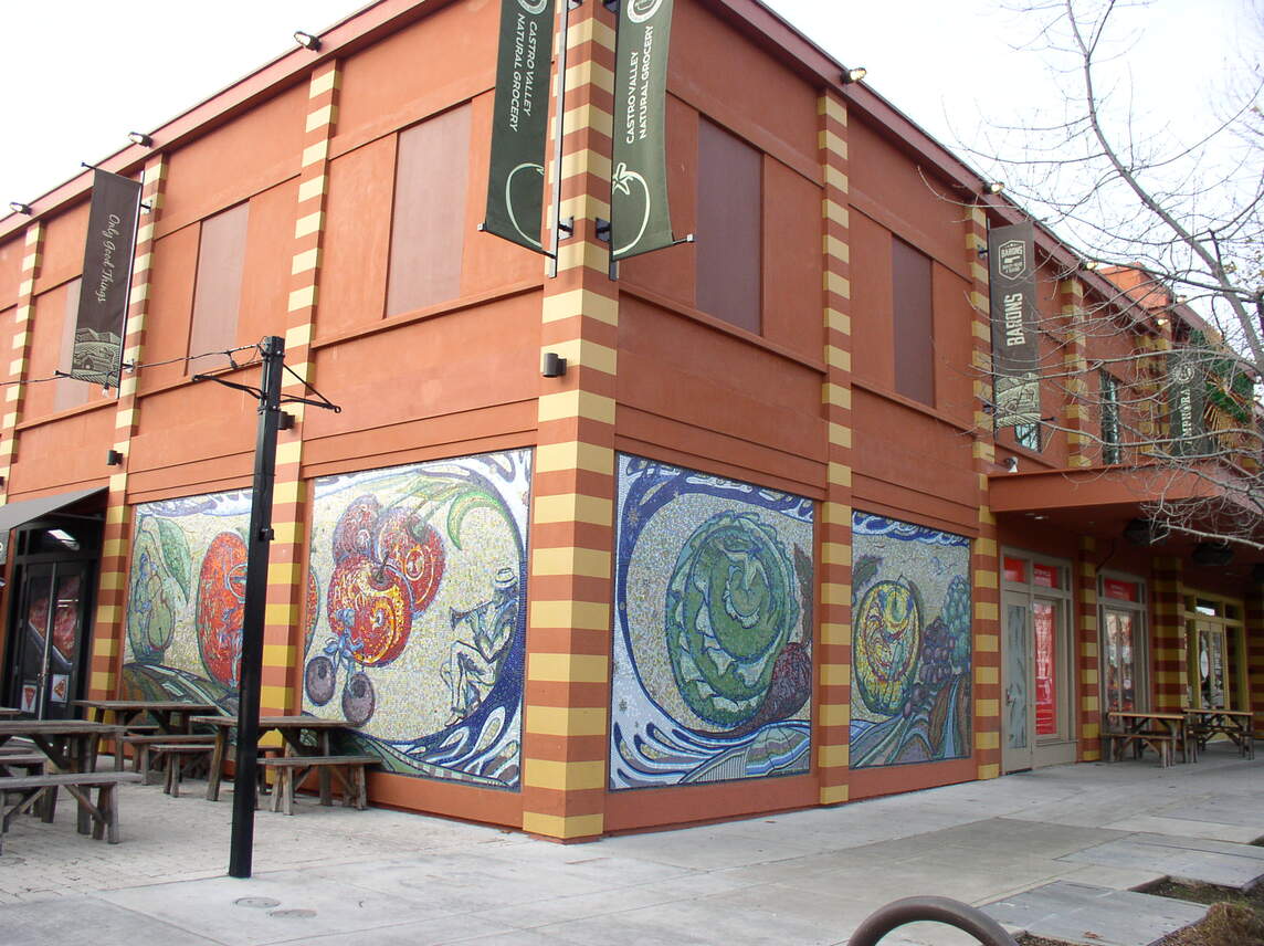 Exterior photo of the Castro Valley Marketplace mural, showcasing vibrant artwork on the building's facade.