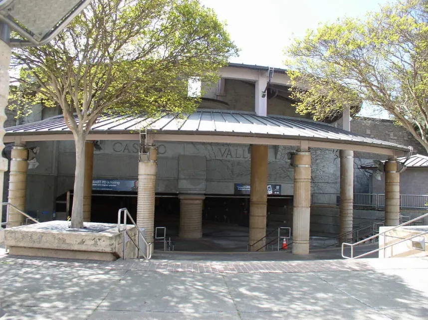 Exterior view of Castro Valley BART Station, showing the entrance and surrounding area.