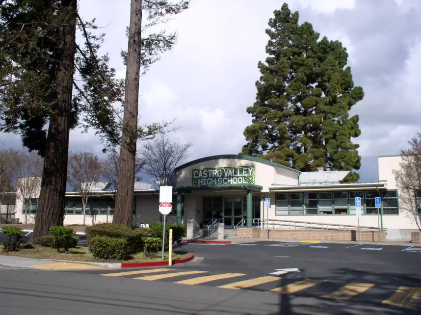 Exterior view of Castro Valley High School, featuring the main entrance and school building.